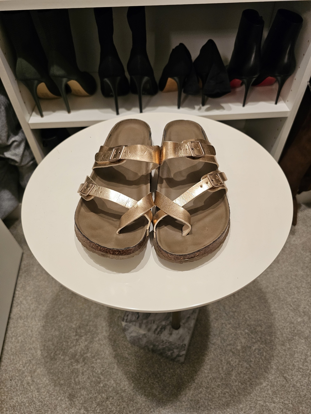 Madden Girl Metallic Rose Gold Double-Strap Cork Slide Sandals